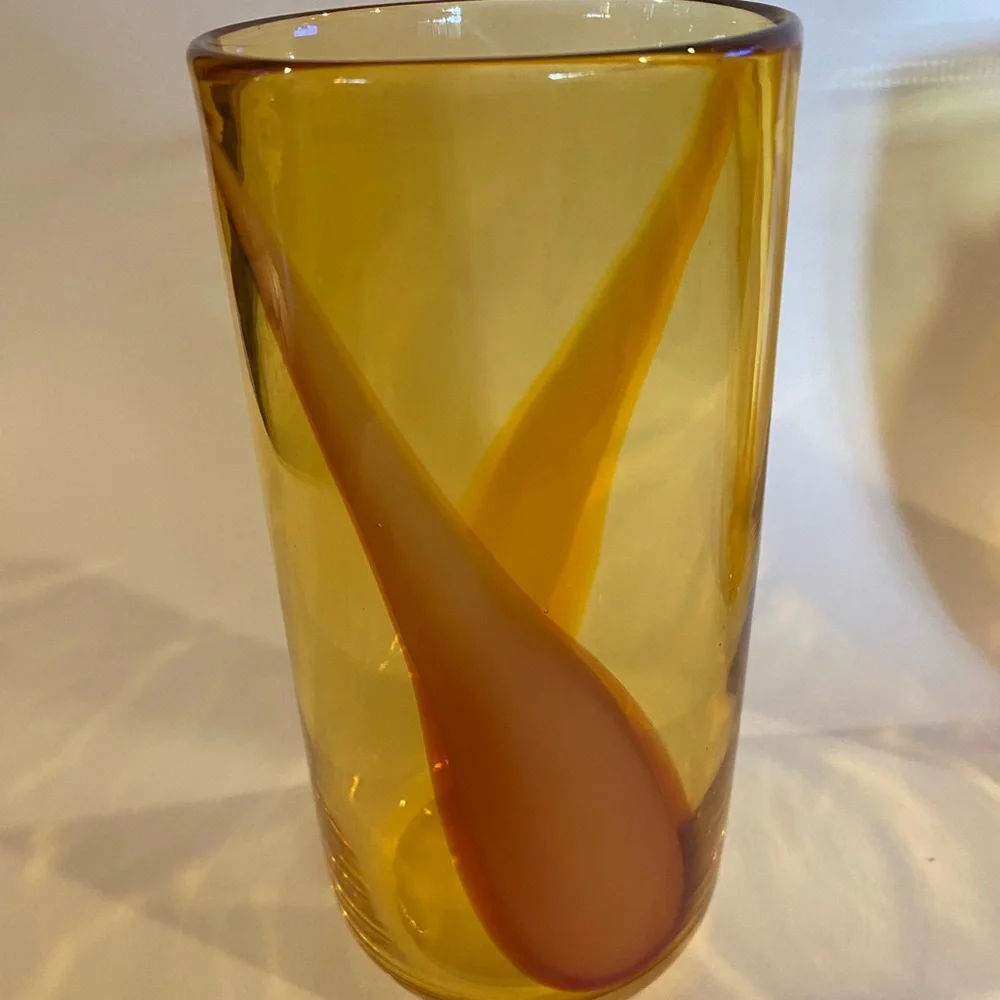 Vintage Pier 1 Imports Amber Hand-Blown Glass Tumblers, Set of 2, Red/Orange Swi